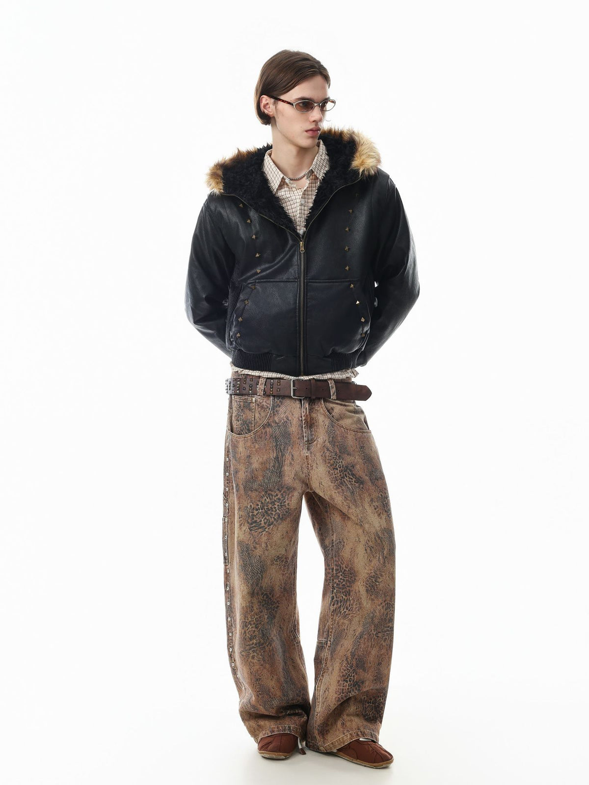 Leather Jacket Fur Collar Studded Hooded Bomber Jacket with Fleece Lining