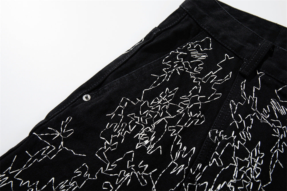 Wide-Leg Denim Shorts – All-Over Chaotic Stitch Embroidery, Hip-Hop Style