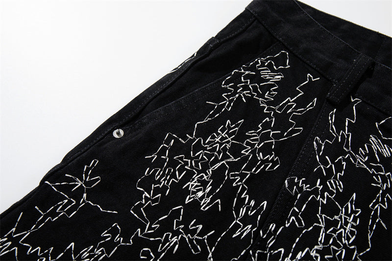 Wide-Leg Denim Shorts – All-Over Chaotic Stitch Embroidery, Hip-Hop Style