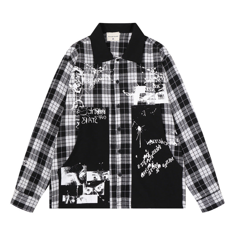 Oversized-Flanellhemd mit Karografik und Graffiti-Print – Herren-Langarmhemd im Patchwork-Stil