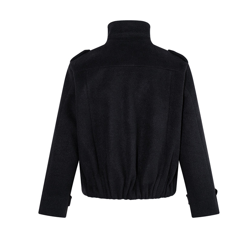 Men's Black Double-Breasted Military Wool Jacket with Stand Collar