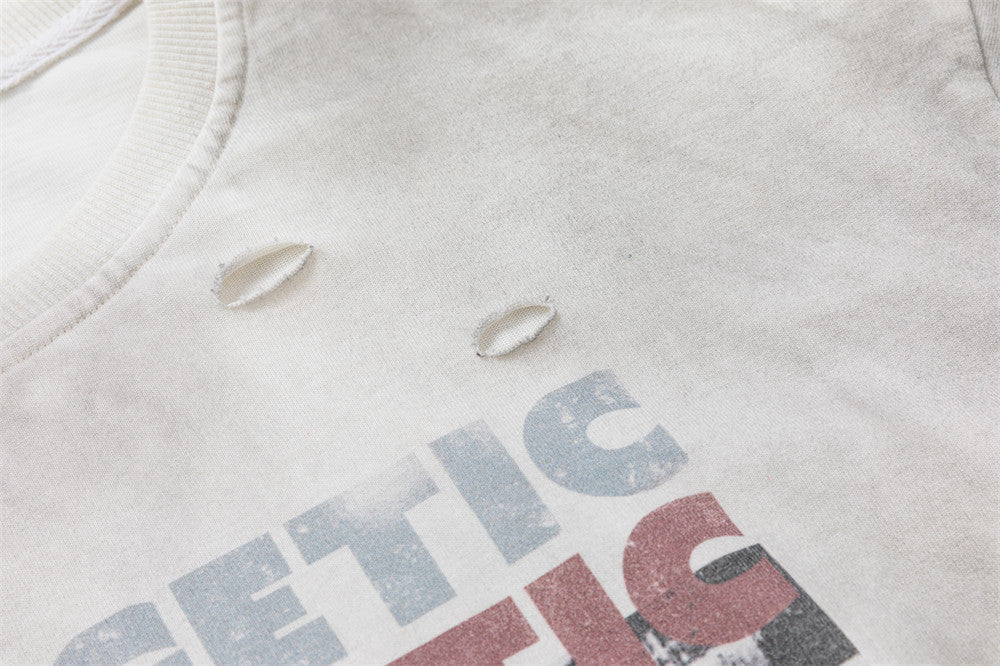 Men's Oversized Graphic Tee with Distressed Camo Long Sleeves – Washed White