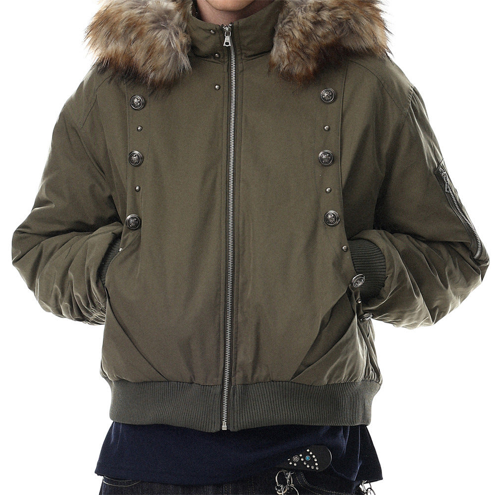 Men's oversized hooded bomber jacket in army green with detachable faux-fur trim hood and double-row military buttons