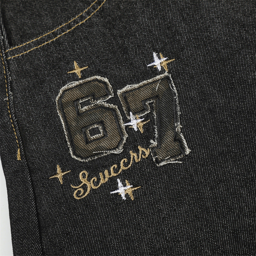 Wide-Leg Barrel Jeans – Dark Black Denim with Camo Pocket & Embroidered Graphic