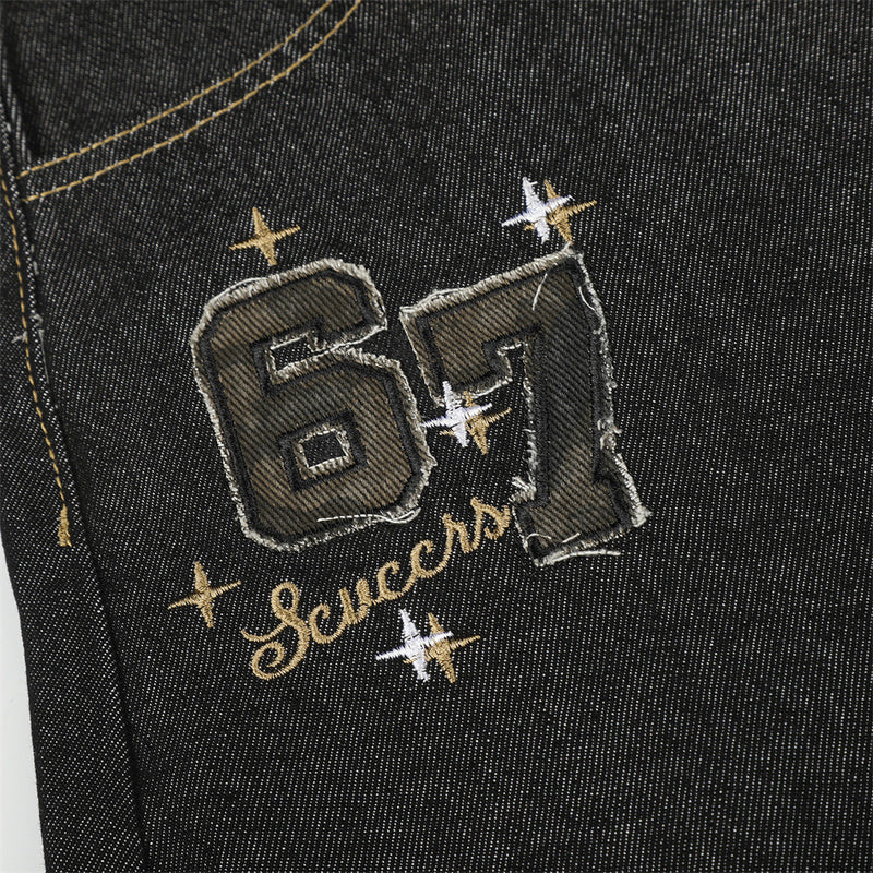 Wide-Leg Barrel Jeans – Dark Black Denim with Camo Pocket & Embroidered Graphic