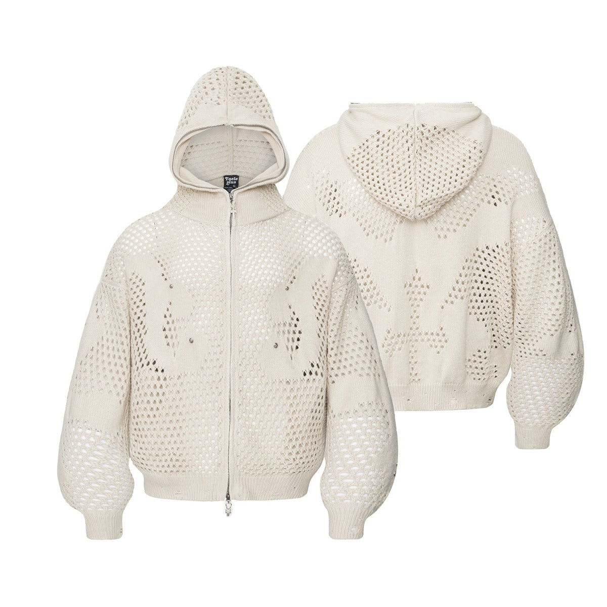 Sudadera de punto calado con cremallera y estampado gráfico oscuro