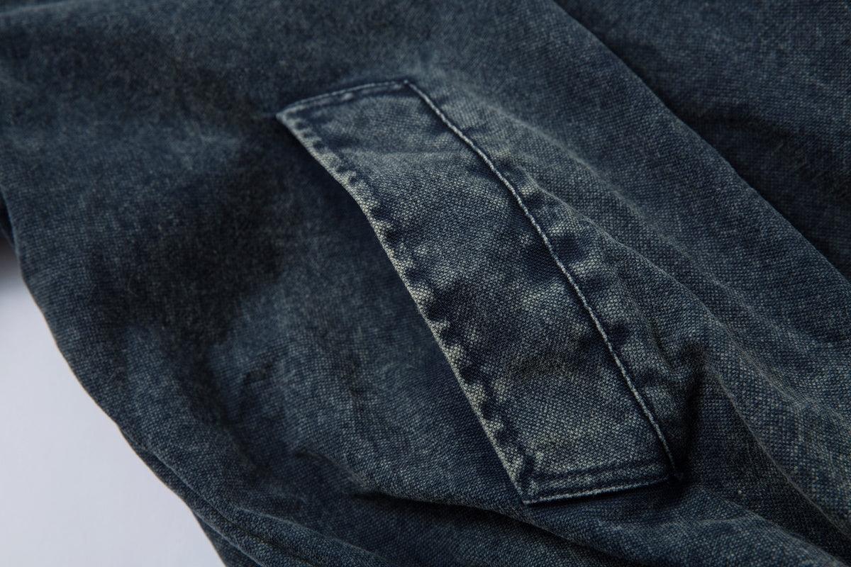 Oversized Washed Denim Jacket – Boxy Belted Hem, Acid-Wash Workwear Style