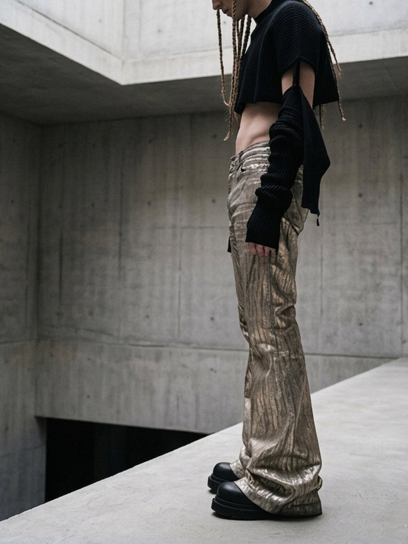 Jean flare métallisé doré – Pantalon en denim large à pattes d’éléphant