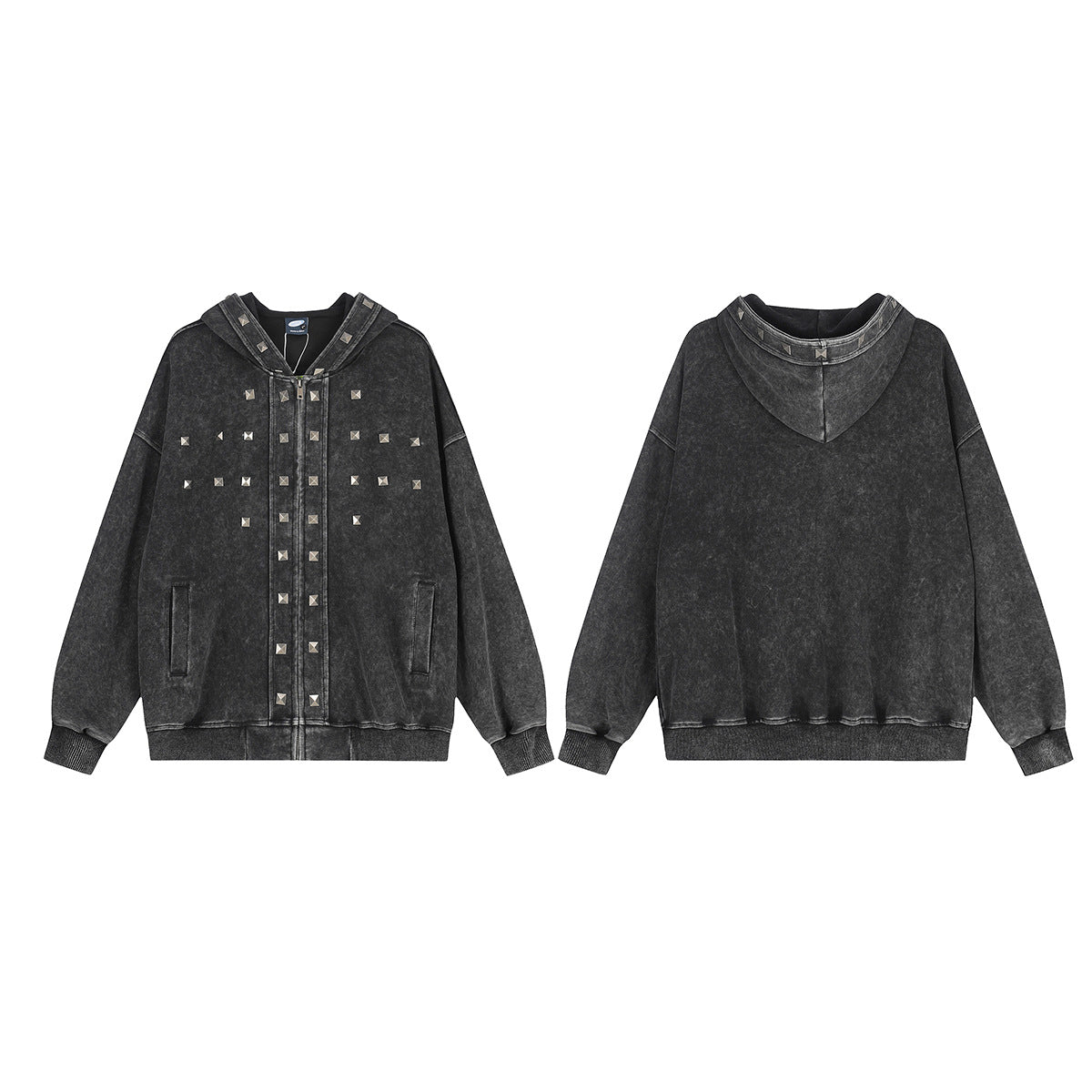 Acid Wash Zip-Up Hoodie with Pyramid Studs – Washed Black