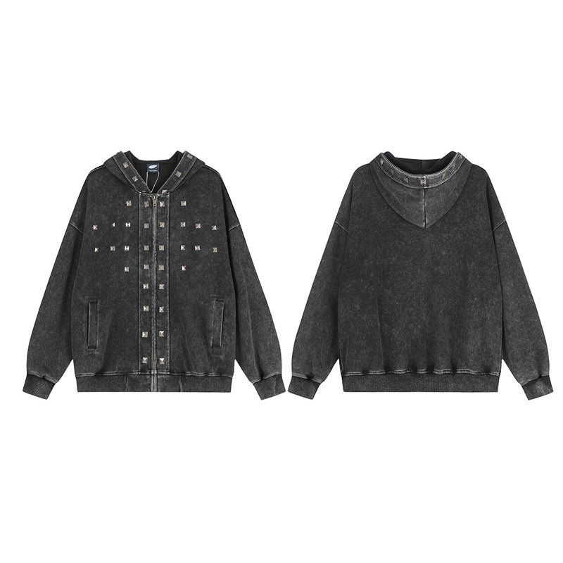 Acid Wash Zip-Up Hoodie with Pyramid Studs – Washed Black