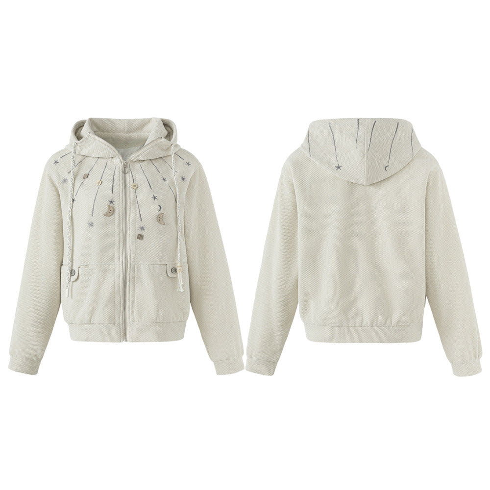 Oversized apricot grey waffle-knit zip-up hoodie with celestial moon and star embroidery on the front and hood