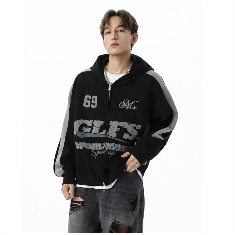 GLFS Colorblock Oversized Zip Up Hoodie – Distressed Letter Print, Dual Zipper