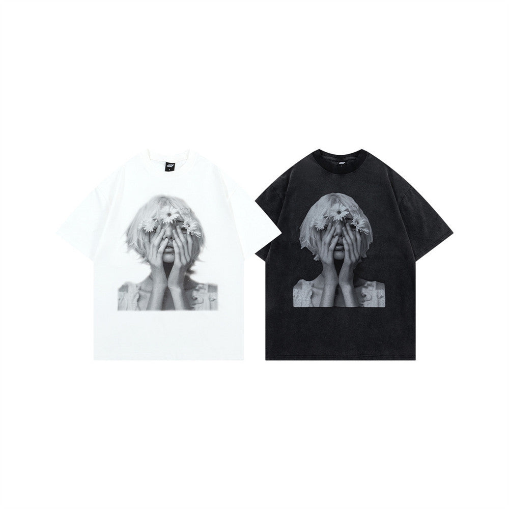 Oversized Portrait Graphic Tee – Washed Cotton Crew Neck Short Sleeve T-Shirt