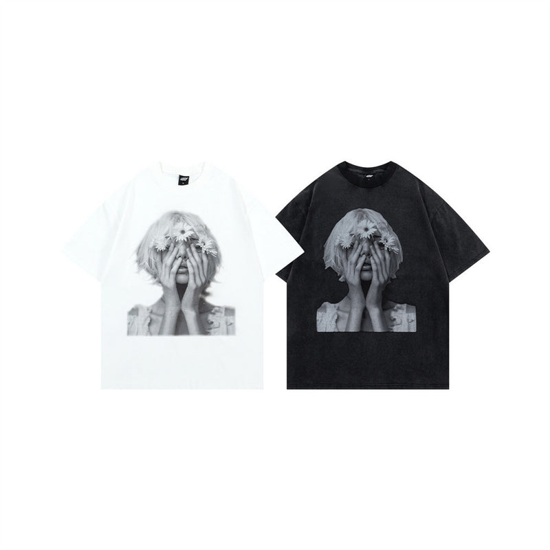 Oversized Portrait Graphic Tee – Washed Cotton Crew Neck Short Sleeve T-Shirt
