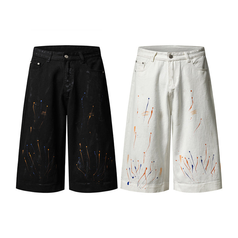 Paint Splatter Denim Shorts – Wide Leg Hip-Hop Street Style