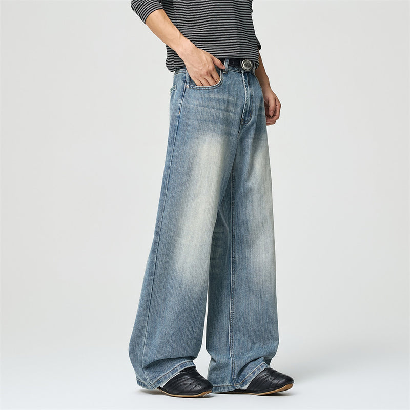 Wide-Leg Baggy Jeans – Men's Light Blue Vintage Washed Straight Denim
