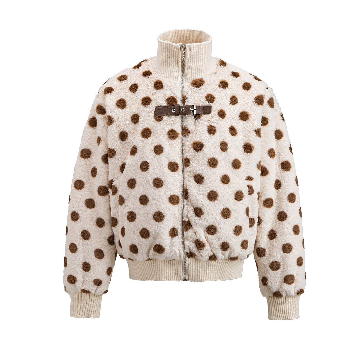 Front flat-lay view of a cream faux shearling bomber jacket with brown polka dots and a zip closure