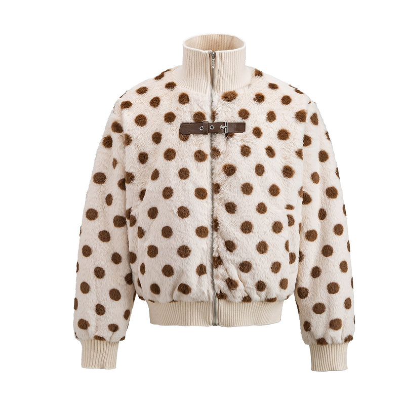 Front flat-lay view of a cream faux shearling bomber jacket with brown polka dots and a zip closure