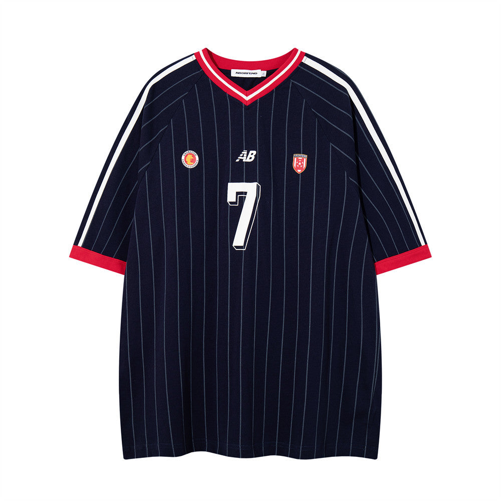Pinstripe Soccer Jersey T-Shirt – Number 7 V-Neck Oversized Tee