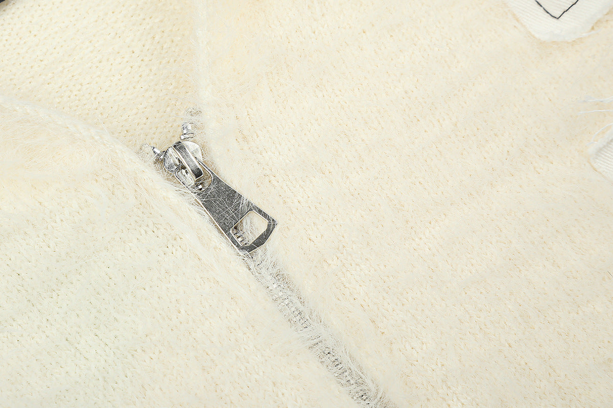 Fuzzy Knit Zip-Up Hoodie with Animal Patch Appliqués