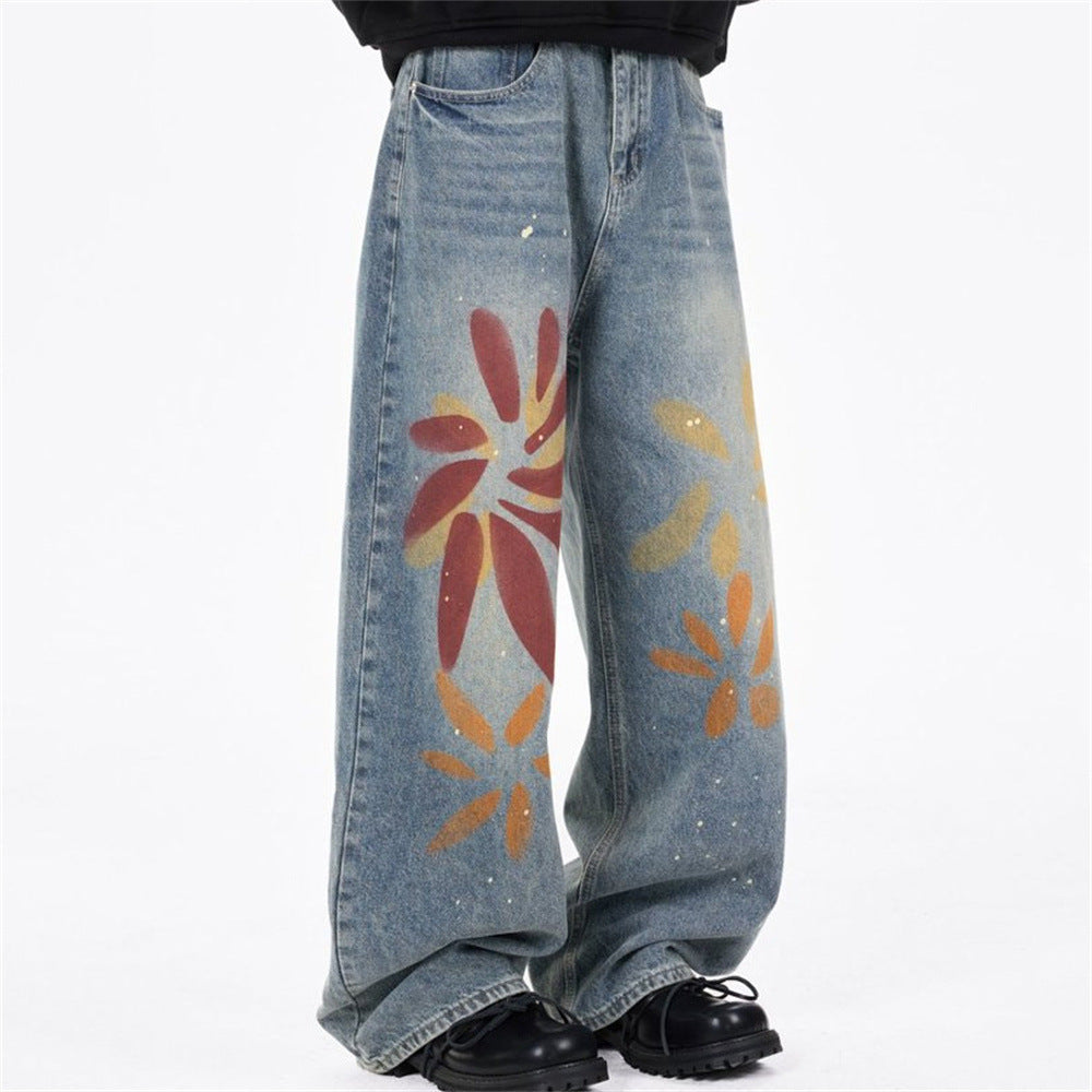 Men's Relaxed Fit Jeans with Floral Graffiti Print – Wide Leg Straight Denim