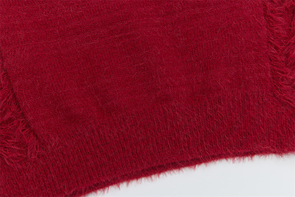 V-Neck Oversized Knit Sweater with Striped Scarf Detail