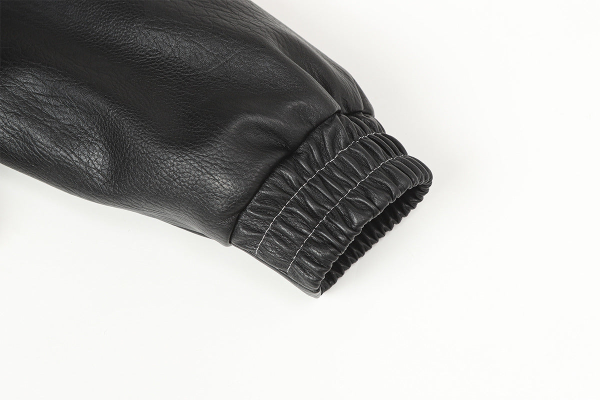 Faux Leather Hooded Bomber Jacket with Faux Fur Collar & Padded Lining