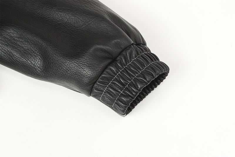 Faux Leather Hooded Bomber Jacket with Faux Fur Collar & Padded Lining