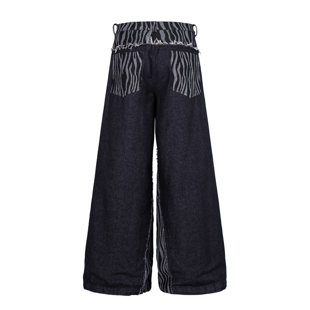 Wide-Leg Zebra Print Patchwork Jeans – Dark Wash Denim with Raw-Edge Waistband