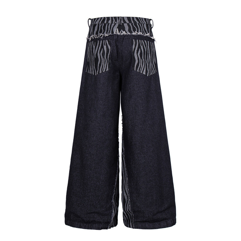 Wide-Leg Zebra Print Patchwork Jeans – Dark Wash Denim with Raw-Edge Waistband