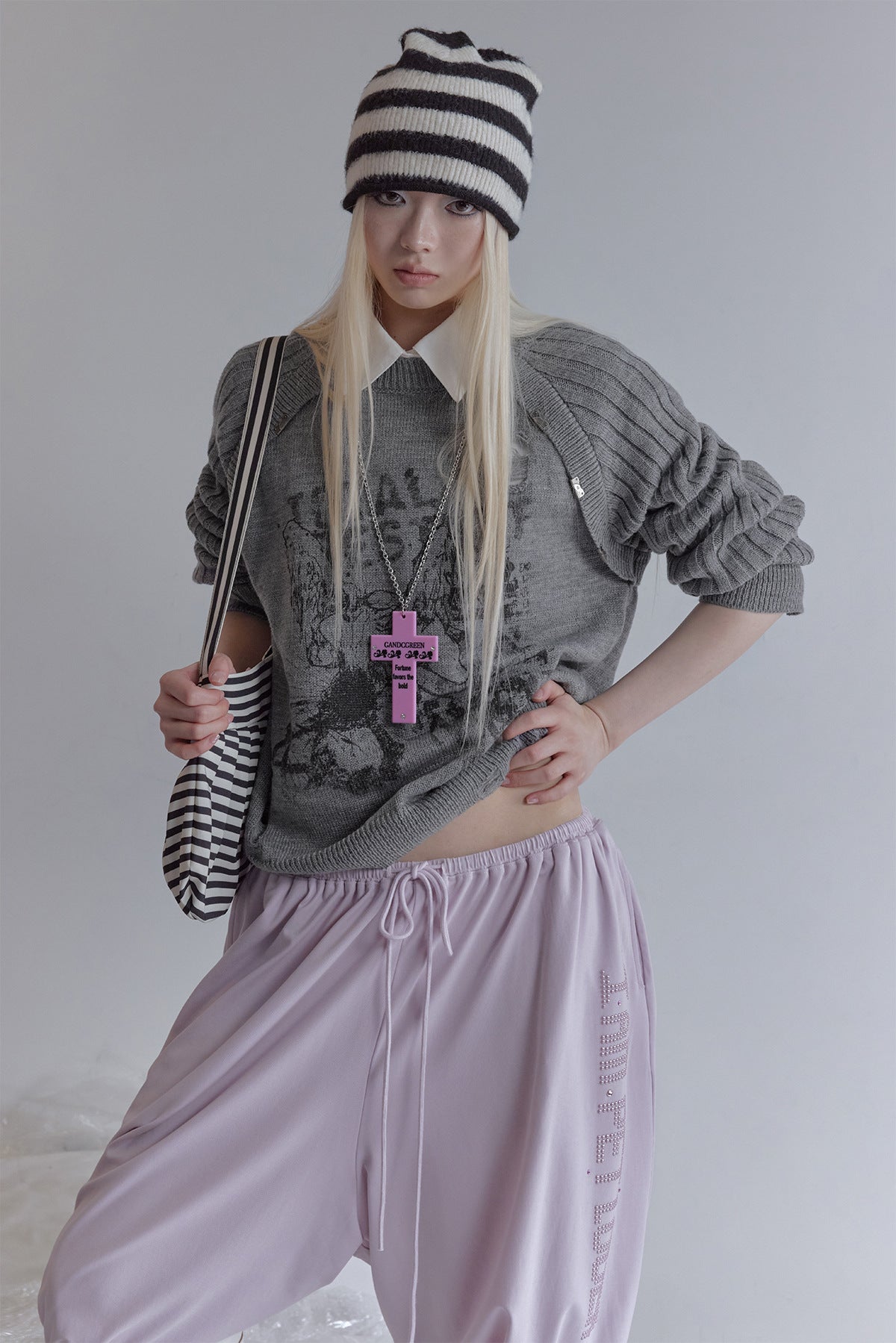 Distressed Graphic Knit Sweater – Raglan Ribbed Sleeve, Rock Print, Grey