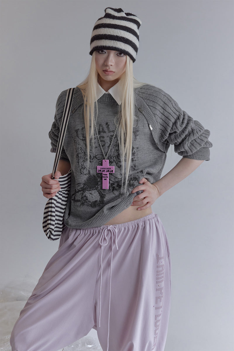 Distressed Graphic Knit Sweater – Raglan Ribbed Sleeve, Rock Print, Grey