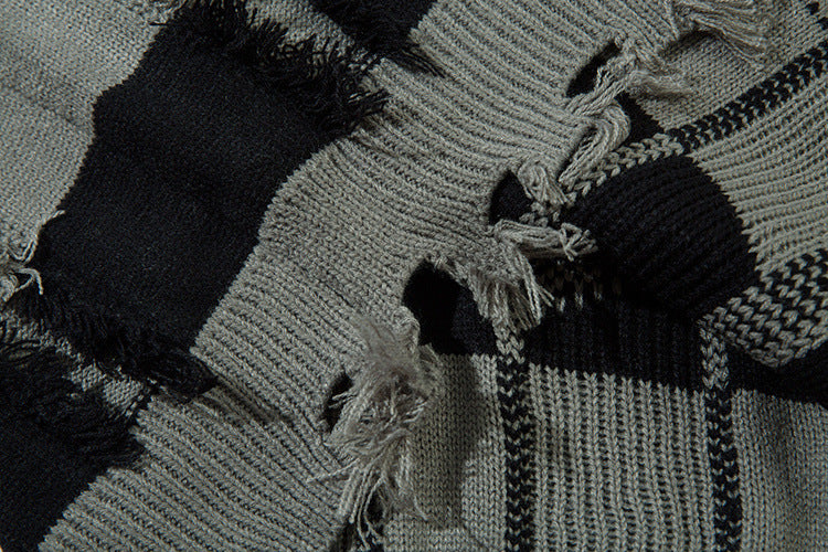 Pull oversize en maille rayée à étoiles délavée – Col rond à franges
