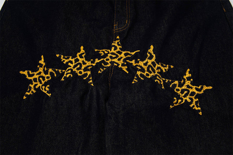 High-Waist Wide-Leg Jeans with Star Embroidery – Double Waistband Baggy Fit