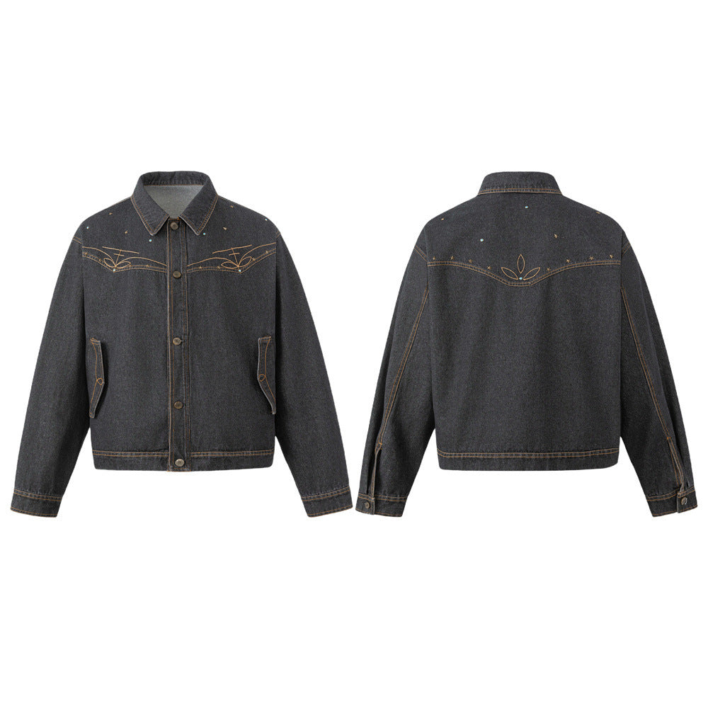 Black Denim Jacket with Embroidered Stitch Detail and Studded Accents