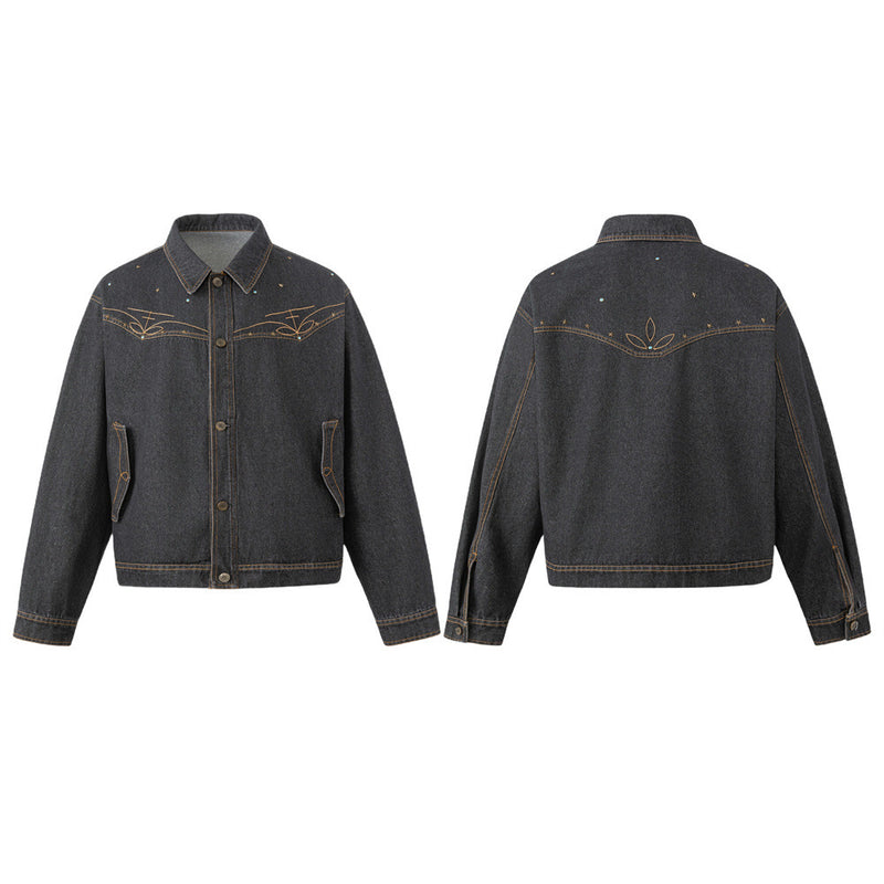 Black Denim Jacket with Embroidered Stitch Detail and Studded Accents