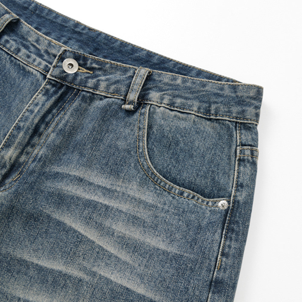 Men's Baggy Denim Shorts with Star Patch Detail, Washed Wide-Leg Five-Point Cut