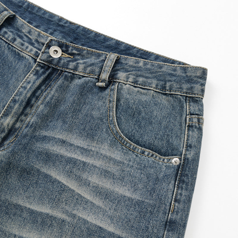Men's Baggy Denim Shorts with Star Patch Detail, Washed Wide-Leg Five-Point Cut