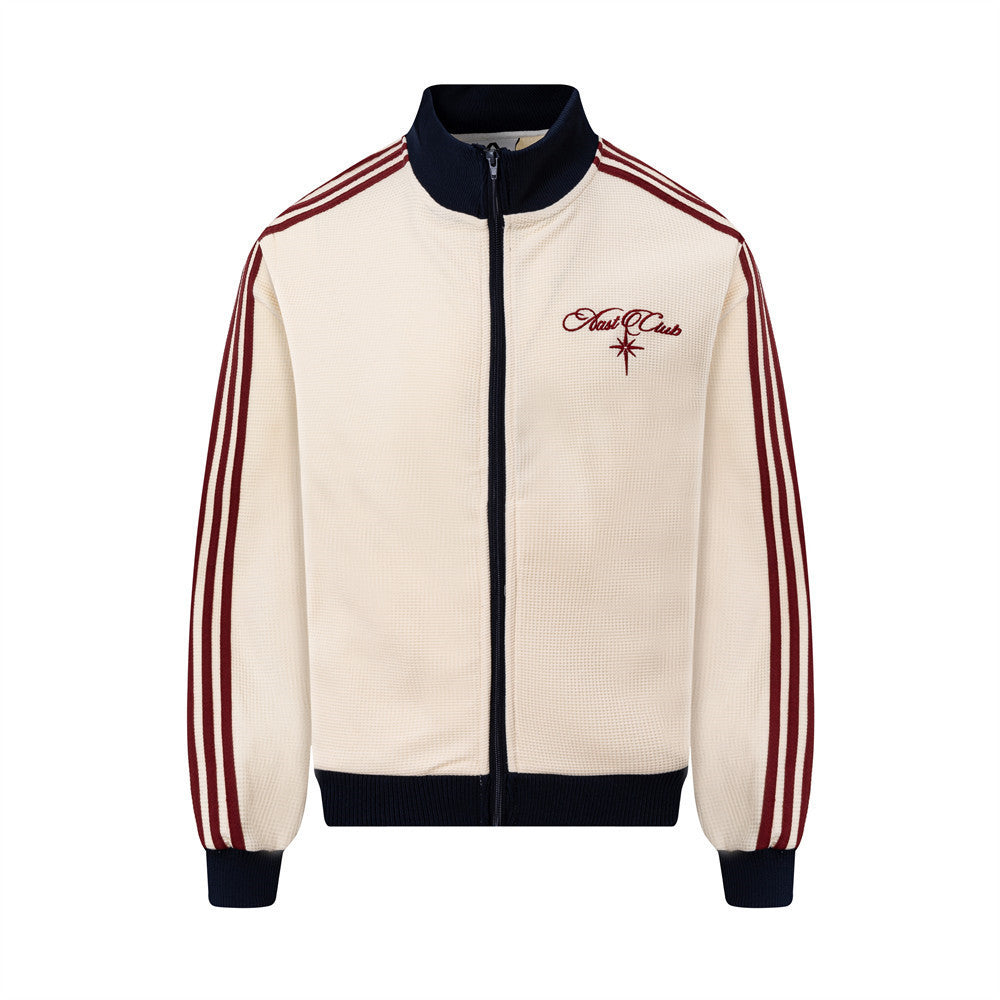 Veste de survêtement homme zippée en maille gaufrée, manches à bandes bordeaux et logo Nast Club brodé, coloris crème