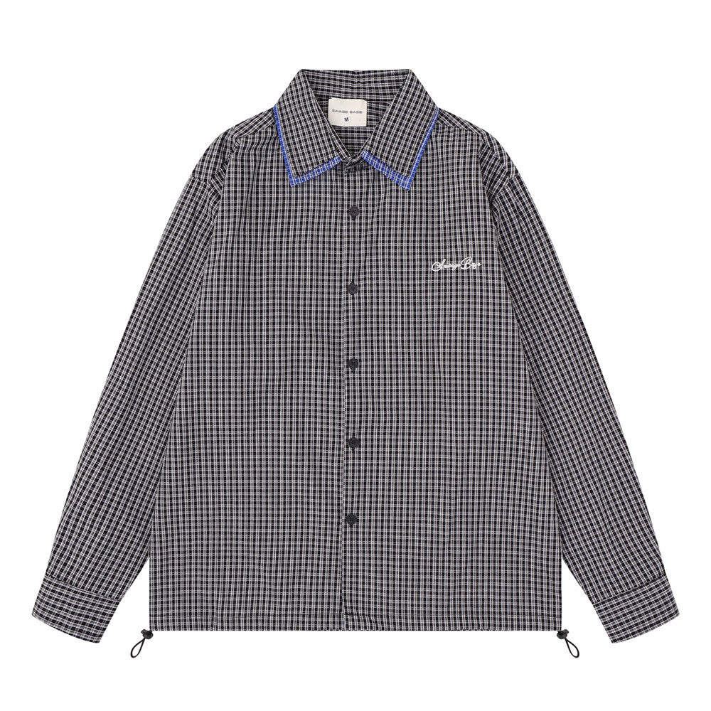Men's oversized plaid long sleeve button-down shirt with drawstring hem in black check and red check colorways