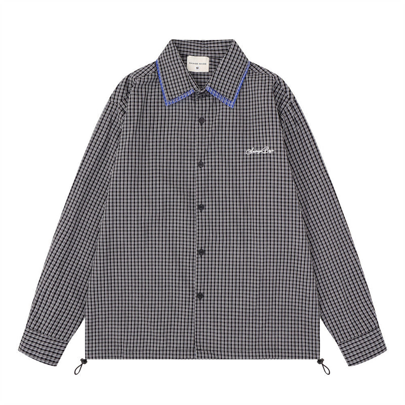 Men's oversized plaid long sleeve button-down shirt with drawstring hem in black check and red check colorways