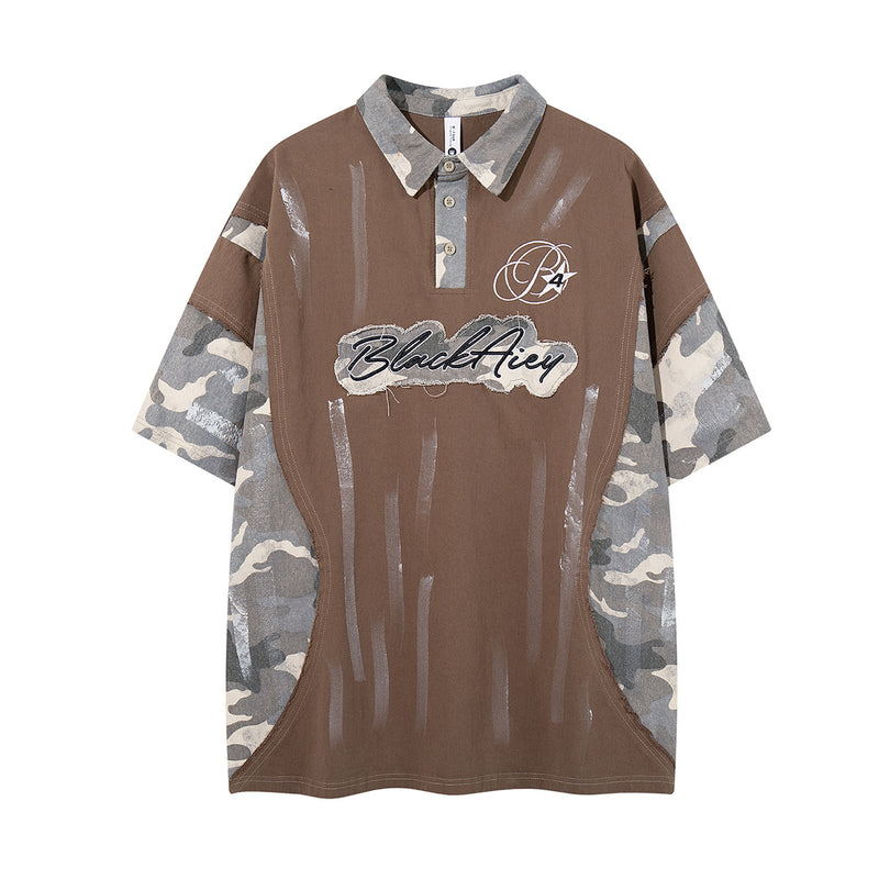 Chemise à manches courtes et col polo – Polo graffiti patchwork camouflage avec pinceau