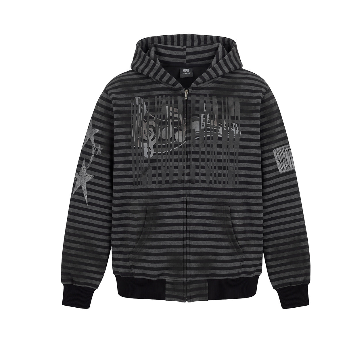 Distressed striped zip-up hoodie with music graphic chest print and star sleeve detail in grey and black colorways