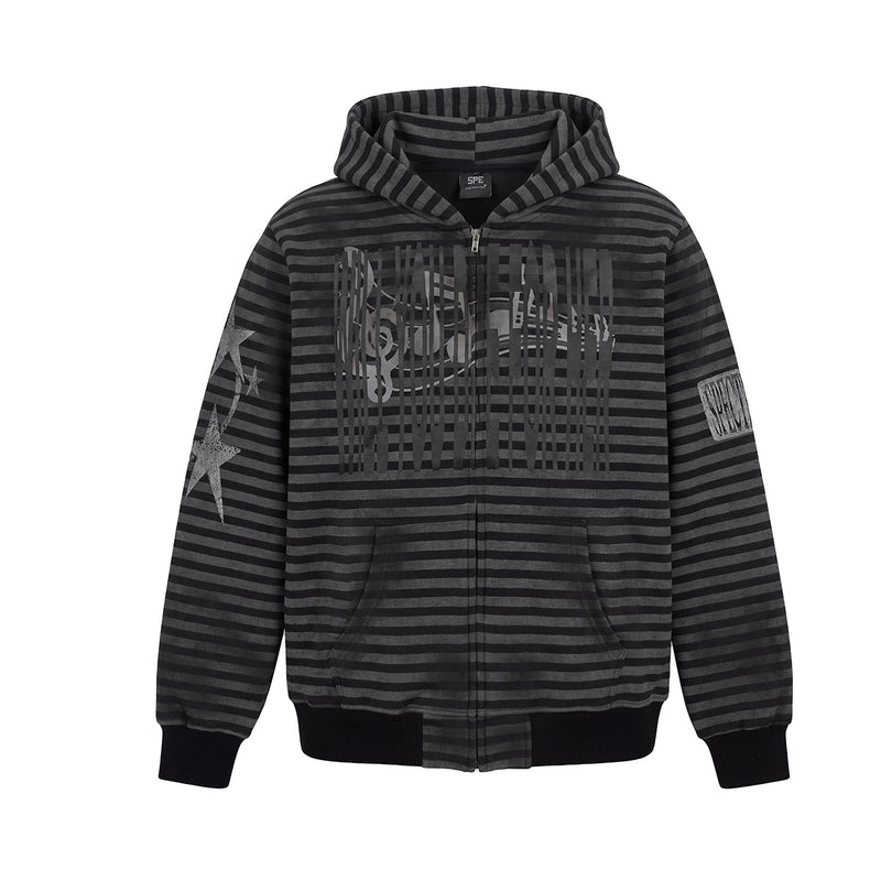 Distressed striped zip-up hoodie with music graphic chest print and star sleeve detail in grey and black colorways