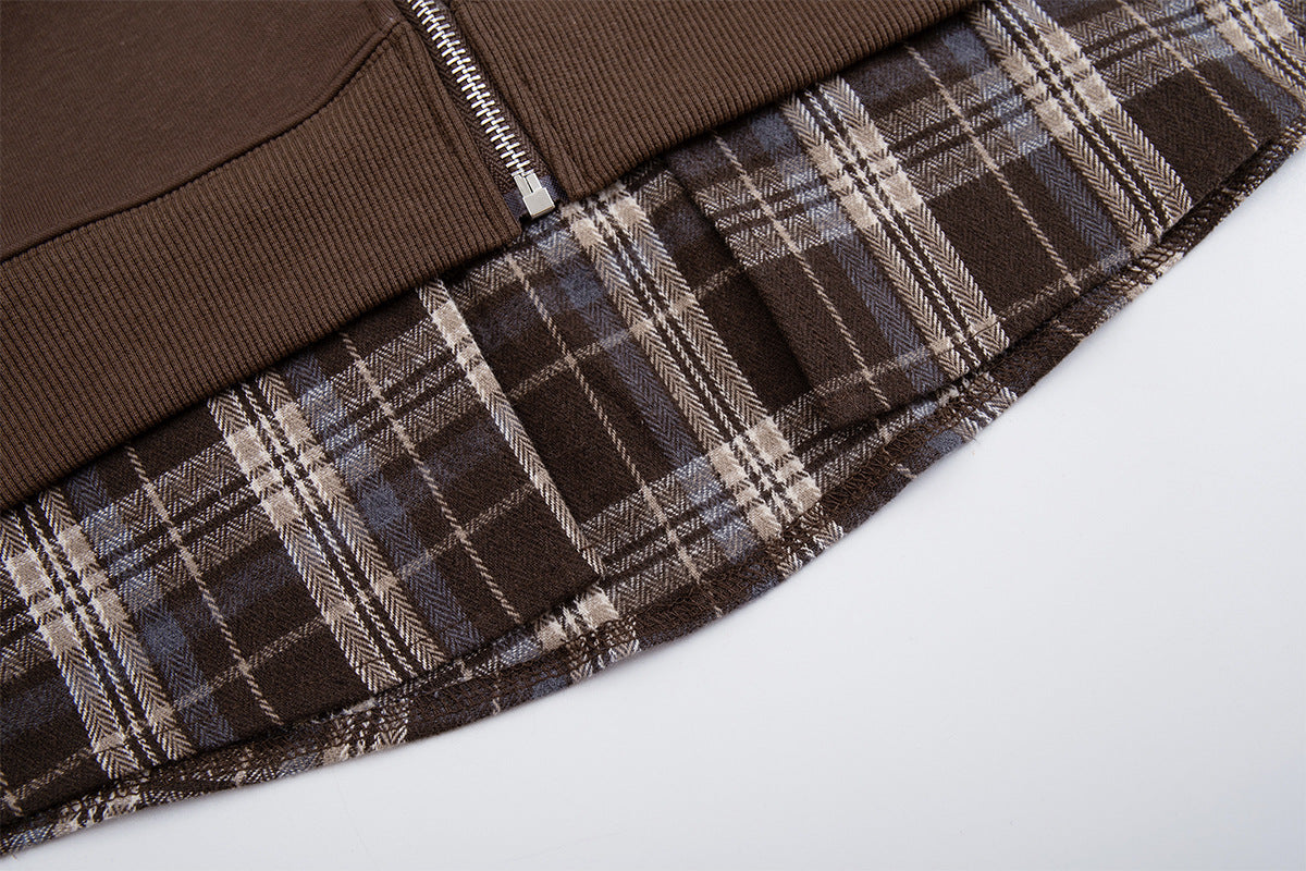 Sweat zippé à capuche avec croix brodée et détail à carreaux sur le bas