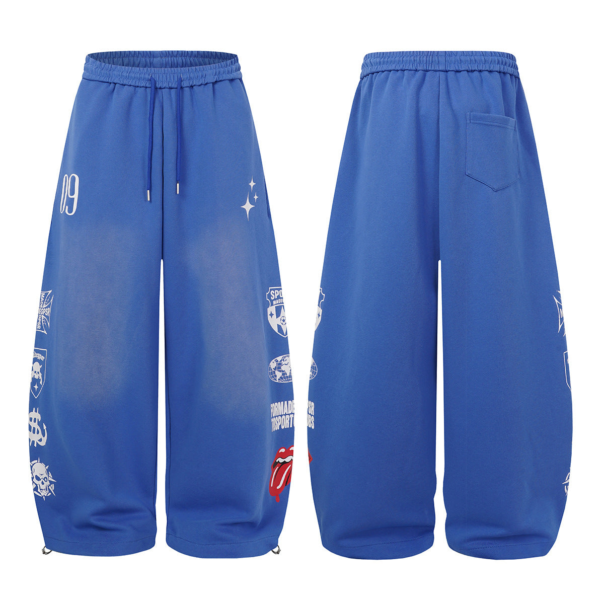 Wide-Leg Graphic Sweatpants – Streetwear Patch Print, Washed Finish