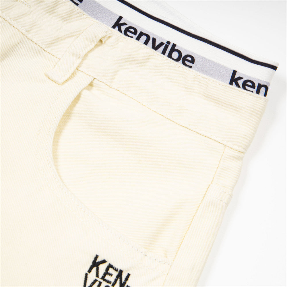 Wide-Leg Jeans with Letter Embroidery & Logo Waistband — Off White