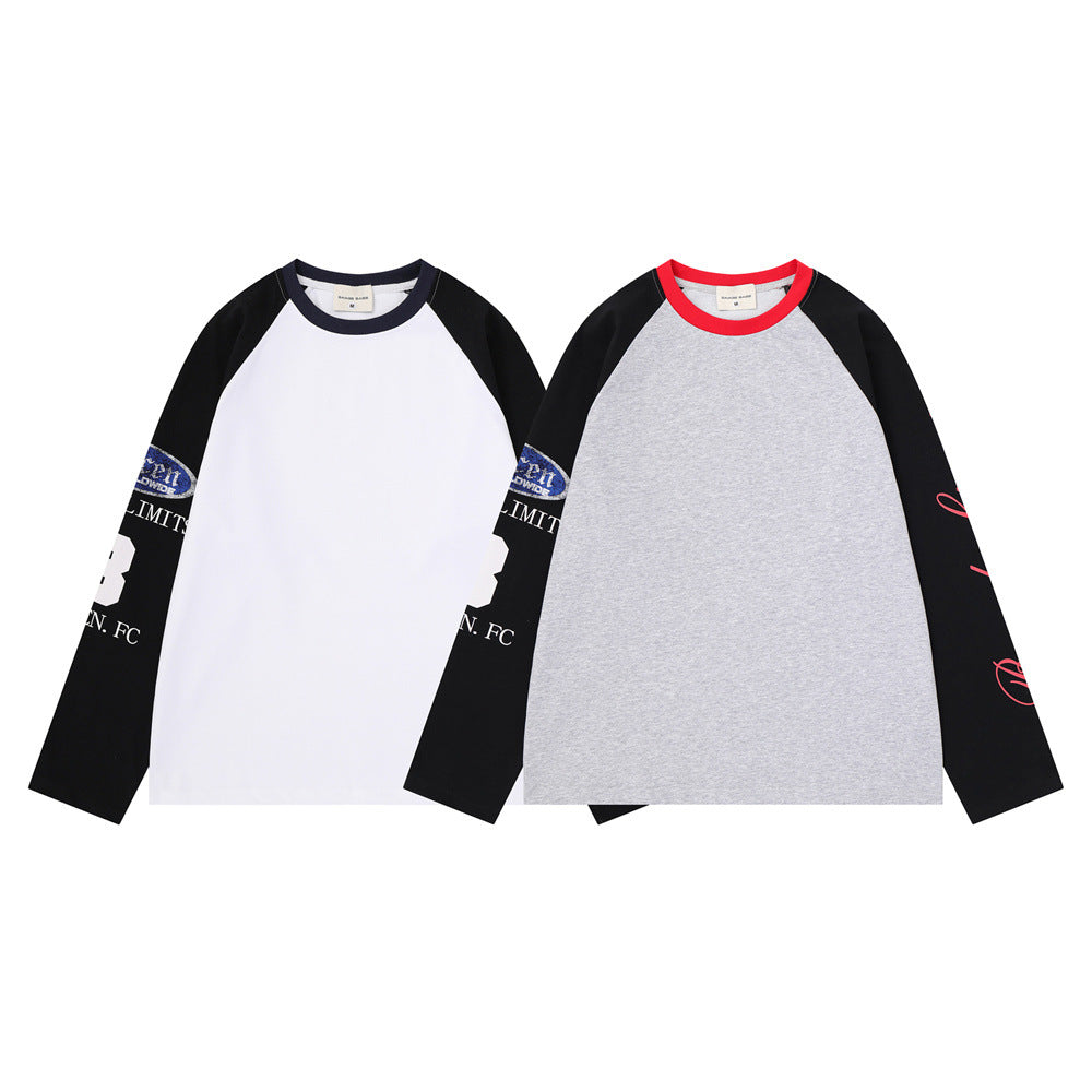 Men's colorblock raglan long sleeve tee with contrast black sleeves and graphic sleeve print in heather grey and white