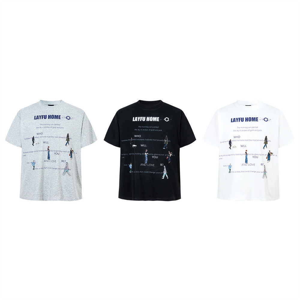 T-shirt streetwear graphique – Motif personnage et lettrage, col rond, manches courtes