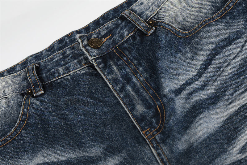 Vintage Wash Wide-Leg Flare Jeans – Men's Distressed Crease-Effect Denim